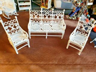 Vintage White Wicker Wire Couch & 2 Chairs Dollhouse Miniatures