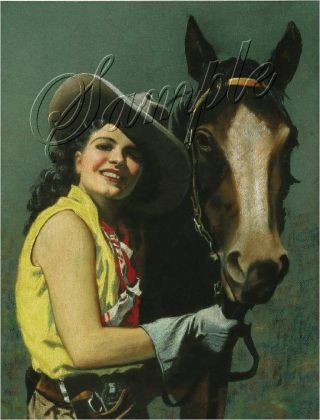 Western Cowgirl Pin Up Gun Horse Equestrian Calendar Girl Vintage Canvas Art