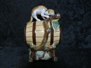 Antique Porcelain Barrel Pitcher With Cat On Top