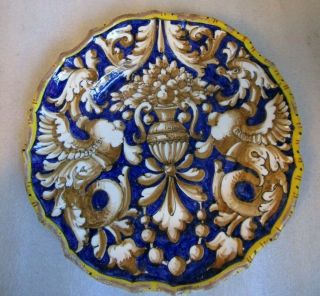 Vintage Antique Italian Majolica Signed 8 " Plate Hand Painted Cobalt Blue Brown