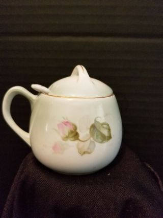 Antique RS Germany Pink Rose Mustard Pot with Lid and Spoon 2