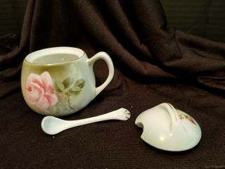 Antique RS Germany Pink Rose Mustard Pot with Lid and Spoon 3