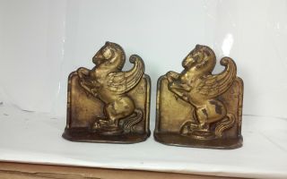 Pair Antique 1926 Cast Iron Pegasus Bookends By Decorative Arts League Or Dal