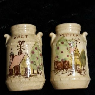 Vintage Antique Ceramic Milk Can Salt Pepper Shakers Hand Painted Barn Apple Tre
