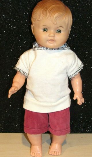 Vintage 1950s Unmarked Plastic/vinyl Baby Boy Doll Molded Hair Dressed Cute 12 "
