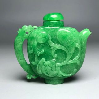 Chinese Green Jadeite Jade Carved Bat & Ruyi Teapot Shaped Handwork Snuff Bottle