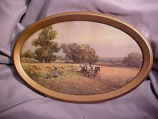 Metal Frame Oval Farm Scene Horses With Man Gathering Hay And Woman W Dog E