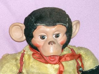 VINTAGE YELLOW AND BLACK MONKEY WITH PLASTIC FACE AND HANDS,  1950 ' S 2