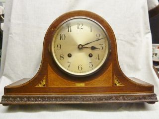 1920s Mantel Clock Napoleon Hat W/ Mother Of Pearl 8 Day Key Pendulum Marquetry
