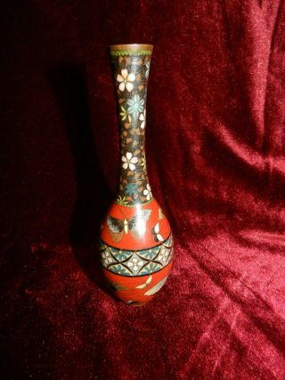 Small Antique Chinese Cloisonne - Butterfly / Flower Decorated Bottle Vase