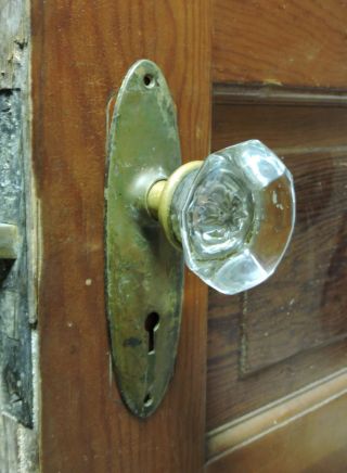 Antique Art Deco Jumbo Crystal Cut Glass Brass Door Knobs,  Lock,  Back Plates