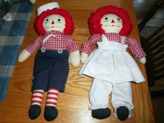 Vintage Handmade Pair Raggedy Ann & Andy Dolls 15in Embroidered