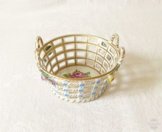 Antique Late 19th/ Early 20thc Dresden Porcelain Pierced Floral Encrusted Basket