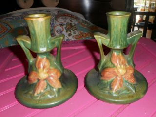 Antique Roseville Pottery 1159 - 4 1/2 Green Clematis Candlestick Holders As - Is