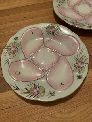 Pair Antique Porcelain Hand Painted Oyster Plates Pink & White
