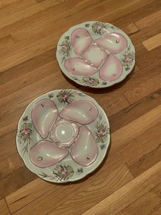 Pair Antique Porcelain Hand Painted Oyster Plates Pink & White 2