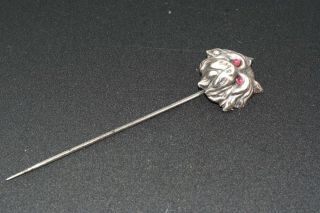 Antique Sterling Silver Puffy Dog Head Ruby Eye Stickpin Pin