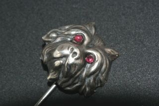 Antique Sterling Silver Puffy Dog Head Ruby Eye Stickpin Pin 2