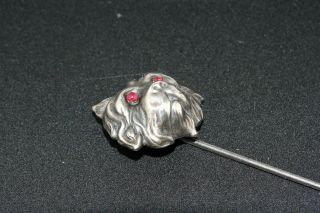 Antique Sterling Silver Puffy Dog Head Ruby Eye Stickpin Pin 3