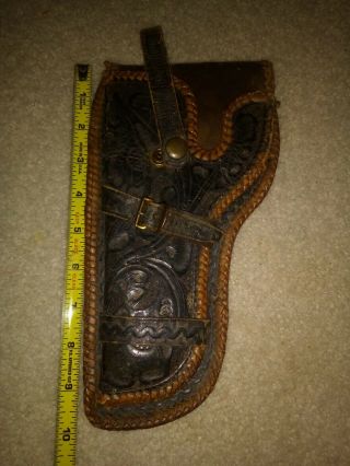 Great 10 " Antique Tooled Leather Western Holster / Old Rich Patina
