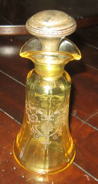 Antique Etched Yellow Glass Cruet For Oil Or Vinegar W.  Sterling Silver Stopper