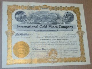 International Gold Mines Company 1907 Antique Stock Certificate