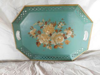 Vintage Handpainted Signed Tole Toleware Roses Flowers Aqua French Teal Tray Old