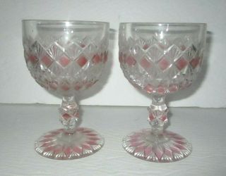2 EAPG Finecut & Block Goblet King & Sons Cranberry Stain Pink Antique Glass 25 2