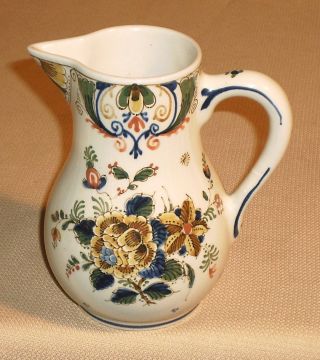 Antique Pottery Pitcher Old Delft Signed Holland Colorful Floral Pattern 852kz