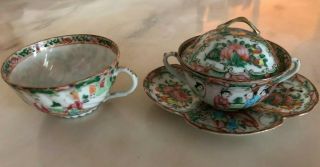 Old Antique Chinese Set Of Rose Medallion Cups & Saucer Dish Plate