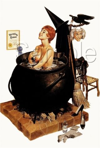 Vintage Witch Pin Up Girl Bubble Bath Cauldron Mask Wicca Canvas Art Print