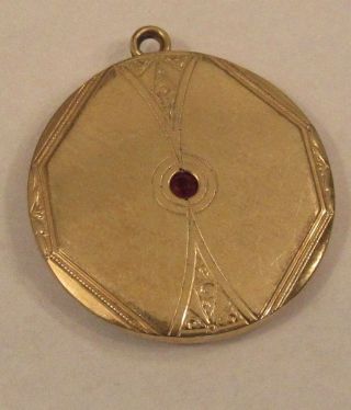 Antique Victorian Hand Engraved Gold Plated Pendant W/red Stone Ruby? 1 1/8” Dia