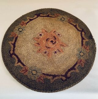Vintage Large Round Doll House Rug - Center Flower,  Reds,  Browns