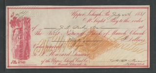 1881 National Bank Mauch Chunk Pa Upper Lehigh Coal Train Vignette Antique Check