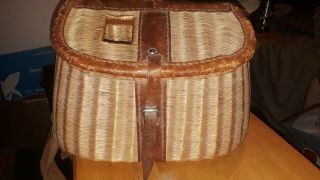 Antique Vintage Wicker Fishing Creel Leather Shoulder Strap & Trim Shape