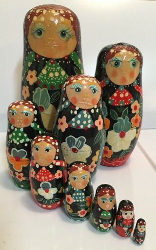 Vintage Set Of 9 Hand Painted Russian Nesting Dolls Matryoshka Family Fertility