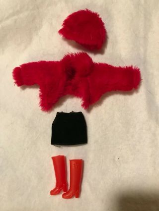 Vintage Mary Quant Daisy Doll Red Fir Hat & Jacket,  Black Mini Skirt