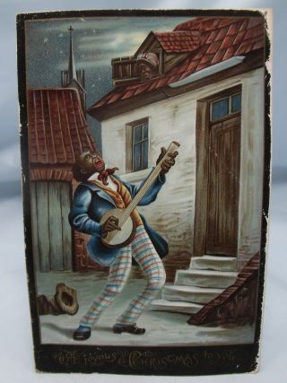 19th Century Xmas Black Minstrel Antique Card W/banjo Bluegrass Folk Americana