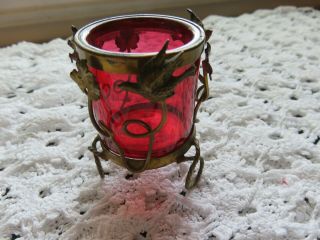 Vtg Antique Victorian Cranberry Glass Toothpick Holder With Gold Metal Stand Exc