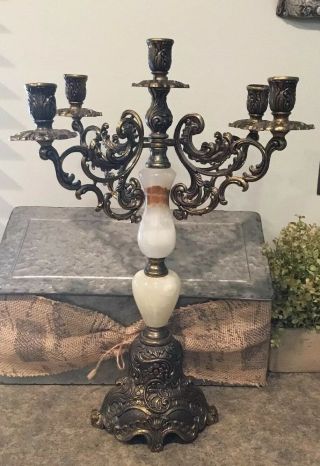 Vintage Antiqu Italy Italian Candelabra Marble Gold / Brass Gilt Candle Holder