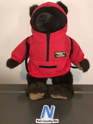 Ll Bean Plush Brown Teddy Bear Vintage Red Rain Parka Anorak Jacket 17”