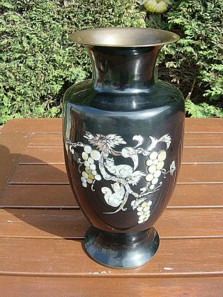 Eastern Black Laquered Brass Vase With Mother Of Pearl Cloissone Decoration