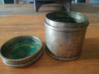 VINTAGE INDIA Brass/Copper? LIDDED TEA BOX CANISTER JAR FLORAL ENGRAVED 3
