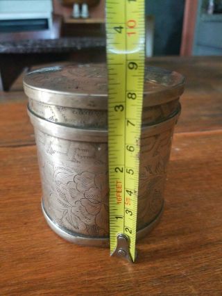 VINTAGE INDIA Brass/Copper? LIDDED TEA BOX CANISTER JAR FLORAL ENGRAVED 5