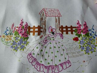 Vintage Hand Embroidered Tablecloth/ Crinoline Lady