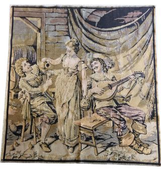 Vintage Old French Tapestry Boudoir Decorative Scene Woman Musiciens Mandolin