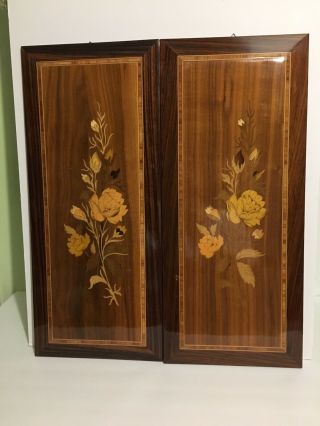 2 Vintage Inlaid Wood Marquetry Hanging Floral Pictures Sorrento Italy 1980’s