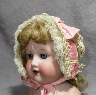 Vintage Doll Hat - Bonnet - Ecru Crochet Lace Over Pink Lining - Ribbon Trim