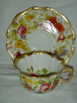 19thc Antique Hammersley Queen Anne Pattern Cup & Saucer Flowers & Gold Gilding