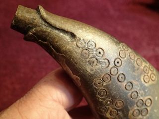 1800 - S Decorated Fish Head Handmade Antique Black Powder Horn Flask Scandinavia